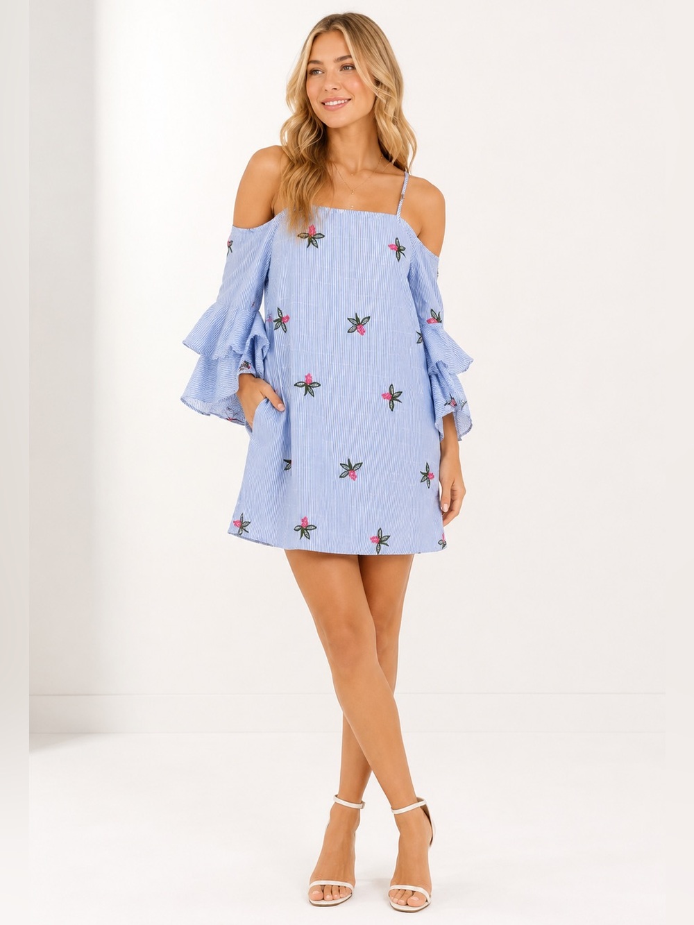 NWT Hayden Los Angeles Blue Stripe Embroidered Cold Shoulder Dress